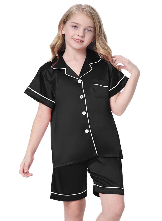 Schbbbta Kids Satin Pajamas, 2 Pcs Sleepwear Short Sleeve Silk Satain Summer Pajama Set for Teen Girls and Boys, Dark Black, 11-12 Years = Tag 160 - Image 4